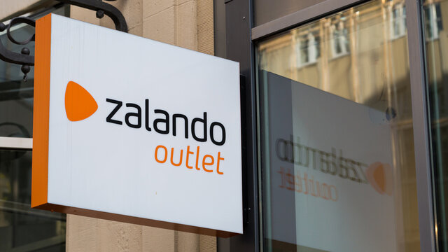 Stuttgart, Germany - July 27, 2021: Sign "Zalando Outlet". At the outlet store in the city center of Stuttgart.