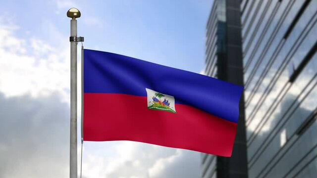 3D, Haitian flag waving on wind with modern skyscraper city. Close up of Haiti banner blowing, soft and smooth silk. Cloth fabric texture ensign background.