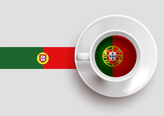Fototapeta premium Portugal flag with a tasty coffee cup on top view and a gradient background. Hot beverage with Portugal flag, vector illustration. 