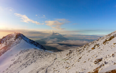panoramic view of the iztaccihuatl volcano in the background the popocatepetl volcano in mexico