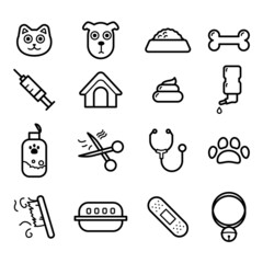 Fototapeta premium Cute vet icon set. simple line icons of pets, toys and veterinary equipment.