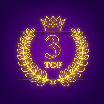 Top 3 label. Neon laurel wreath icon. Vector stock illustration