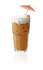 Iced Cappuccino in glass on white background