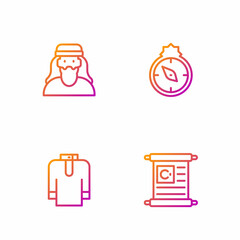 Set line Holy book of Koran, Shirt kurta, Muslim man and Qibla. Gradient color icons. Vector