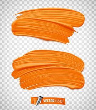 Vector realistic orange paint brush strokes on a transparent background.