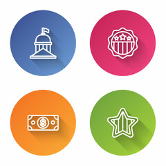 Set line White House, USA Independence day, Stacks paper money cash and . Color circle button. Vector