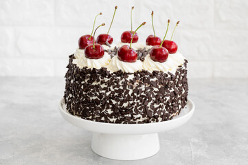 Black forest cake, Schwarzwald pie. Cake with dark chocolate, whipped cream and cherry on a gray...