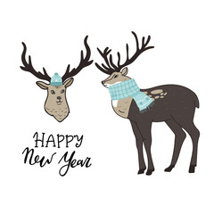 set of hand drawn image of bucks with large antlers cute deer. vector illustration animal isolated on white for hunting products billboards website, wildlife cartoon hand drawing deer head with scarf