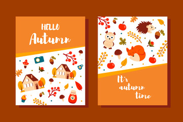 Autumn greeting card with colorful elements. Template for the design of postcards. Vector illustration.