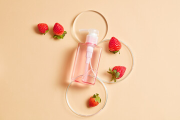 Chemical laboratory research with strawberry extract and scientific glassware. Abstract cosmetic...