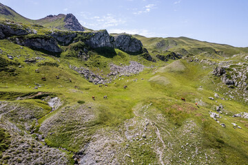 Fototapeta premium Vue aérienne d'une valée en montagne à proximité de Laruns dans les Pyrénées Atlantiques région Nouvelle-Aquitaine. Paysage par drone en montagne avec la vallée