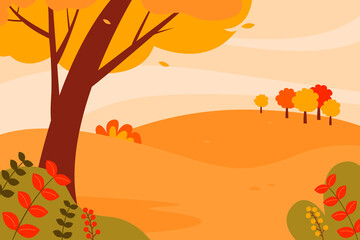 Autumn landscape with a beautiful view, trees in orange foliage, mountains, clouds. Vector illustration.