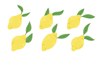 Doodle lemon fruits. Fresh yellow citrus, vitamin c sour taste fruits. Hand drawn citrus fruits cartoon vector illustration icons set