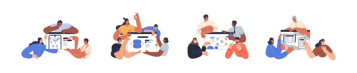 Teams set presenting information technology projects, web interfaces of websites, landing pages and applications. UI design concept. Flat graphic vector illustration isolated on white background