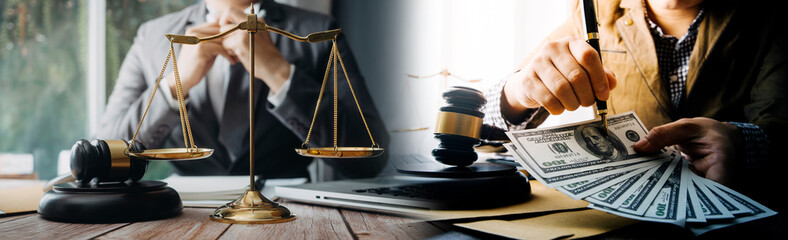 Business and lawyers discussing contract papers with brass scale on desk in office. Law, legal...