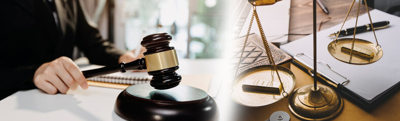 Business and lawyers discussing contract papers with brass scale on desk in office. Law, legal...