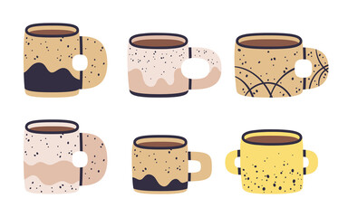 Modern pottery, doodle hot drinks cups. Cute hand drawn coffee, cocoa or tea decorated ceramic or porcelain mugs. Doodle winter warming drinks cups vector flat illustration set