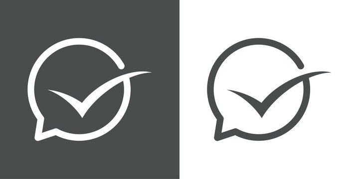 Logotipo con burbuja de habla como de casilla de verificaci&oacute;n con checkmark en fondo gris y fondo blanco