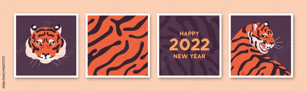 Wall mural square cards set for chinese 2022 new year. oriental postcard designs with asian bengal tiger of eas