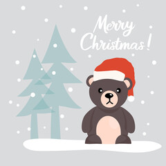 Christmas card with a cute Teddy Bear in a Santa Claus hat, among Christmas trees in a snowy forest. Vector illustration