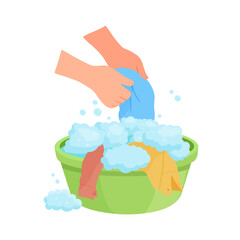 Vector illustration washing washing clothes by hands in basin with soap foam isolated on white background - obrazy, fototapety, plakaty