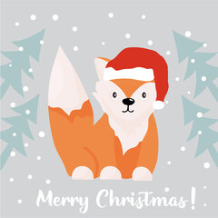 Christmas card with a cute Fox in a Santa Claus hat, among the Christmas trees in a snowy forest. Vector illustration