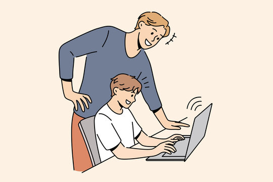Online education and learning concept. Smiling man father standing near his son sitting at laptop typing something teaching controlling vector illustration 