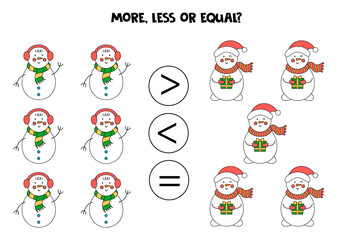 More, less, equal with Christmas snowmen. Math comparison.