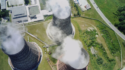 Nuclear plant top view, bird's eye view, steam, pipes