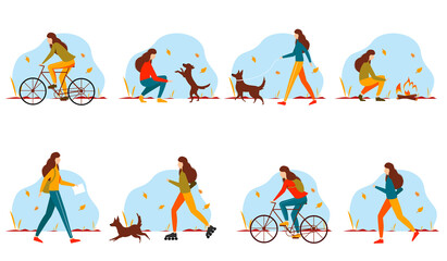 Young woman doing different outdoor activities: running, cycling, rollerblading, walking with dog, traveling. Active and healthy lifestyle concept. Autumn set.