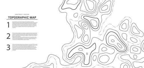 Topographic map abstract background. Outline cartography landscape. Topographic relief map on white backdrop. Modern cover design with wavy lines. Vector illustration with weather map outline pattern.