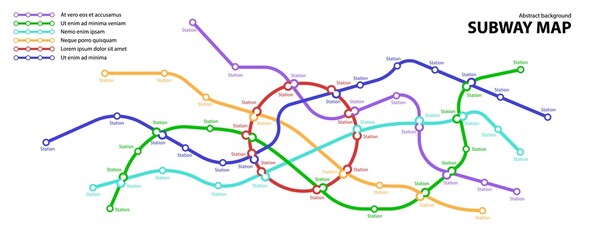 Subway map. Template of fictional town public transport scheme for underground transition road. Metro or bus abstract traffic pattern with circular color routes. Vector card illustration for design.