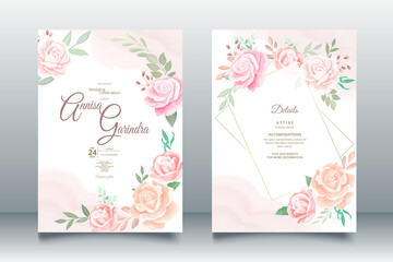 Fototapeta na wymiar Romantic Wedding invitation card template set with beautiful floral leaves Premium Vector