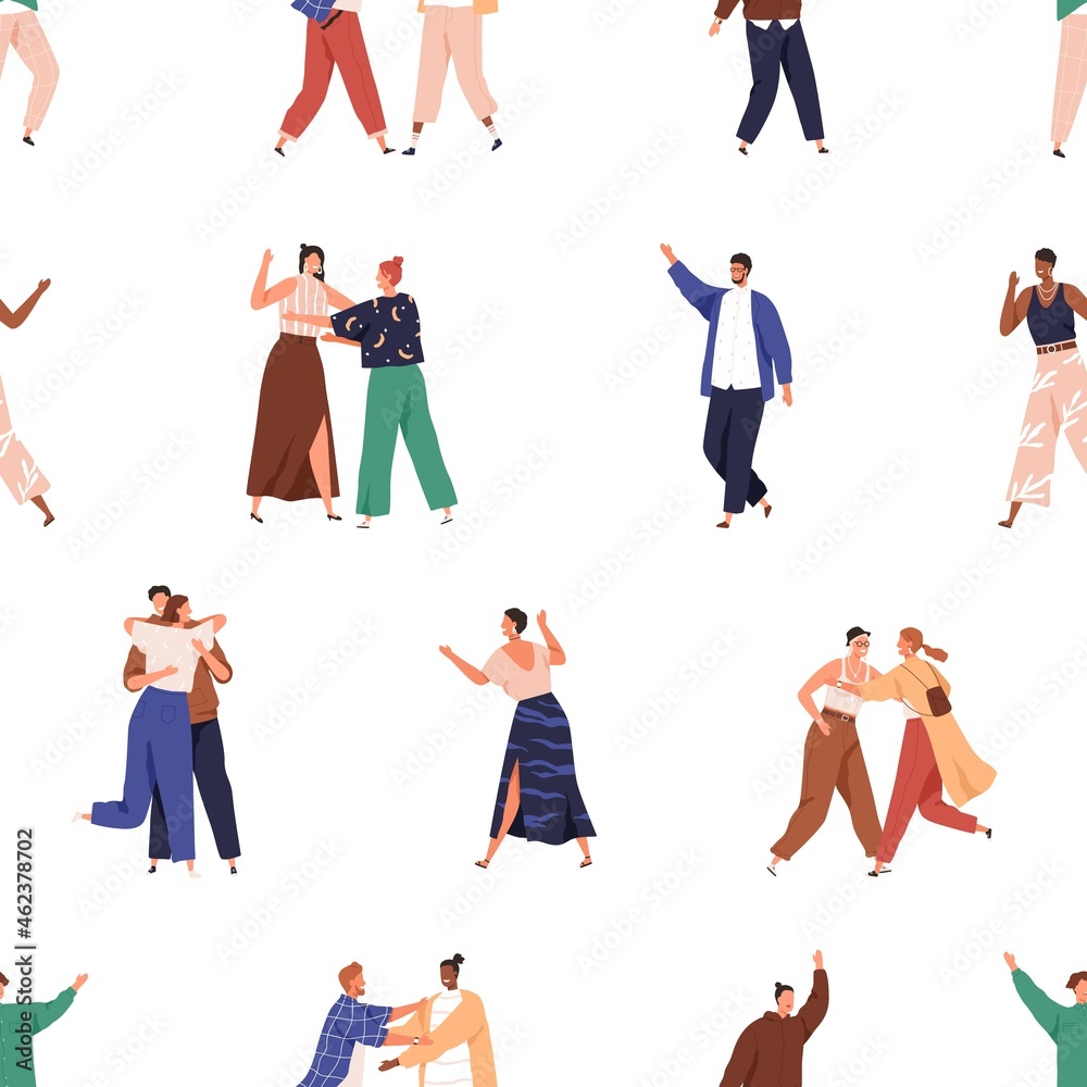 Poster seamless pattern with happy people on white background. endless repeating texture design with friend