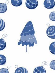 Christmas banner with Christmas balls and Christmas tree. Vector in flat style. In cold shades of blue. Striped balls.