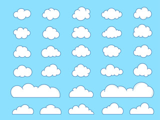 Cartoon clouds with outline isolated on a blue background. Freeform and many shape clouds are perfect for your decoration logo and icons. Vector illustration
