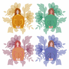 Pregnant woman concept. Girl with a smile in anticipation of a child. She hugs her belly. Vector in flat style.