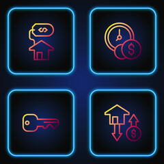 Set line House with dollar, key, and Time is money. Gradient color icons. Vector