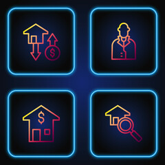 Set line Search house, House with dollar, and Realtor. Gradient color icons. Vector