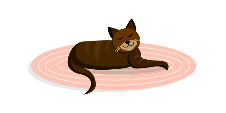 Brown cute cat lies on a cozy carpet. Vector cartoon illustration.
