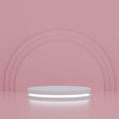 Podium with light on colorful pink circles background for exhibition products. Empty podium platform