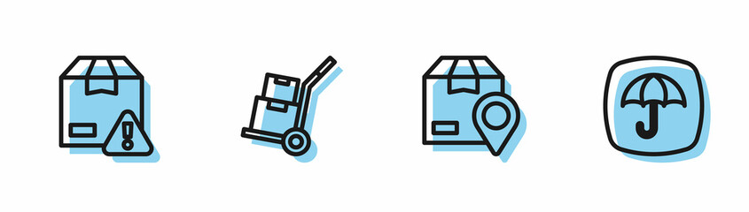 Set line Location with cardboard box, Delivery security shield, Hand truck and boxes and package umbrella icon. Vector