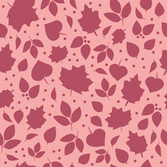 Ditsy autumn leaves seamless vector pattern texture,  with a blush pink background. Girly, cute, feminine fall season design with leaf silhouette illustrations.