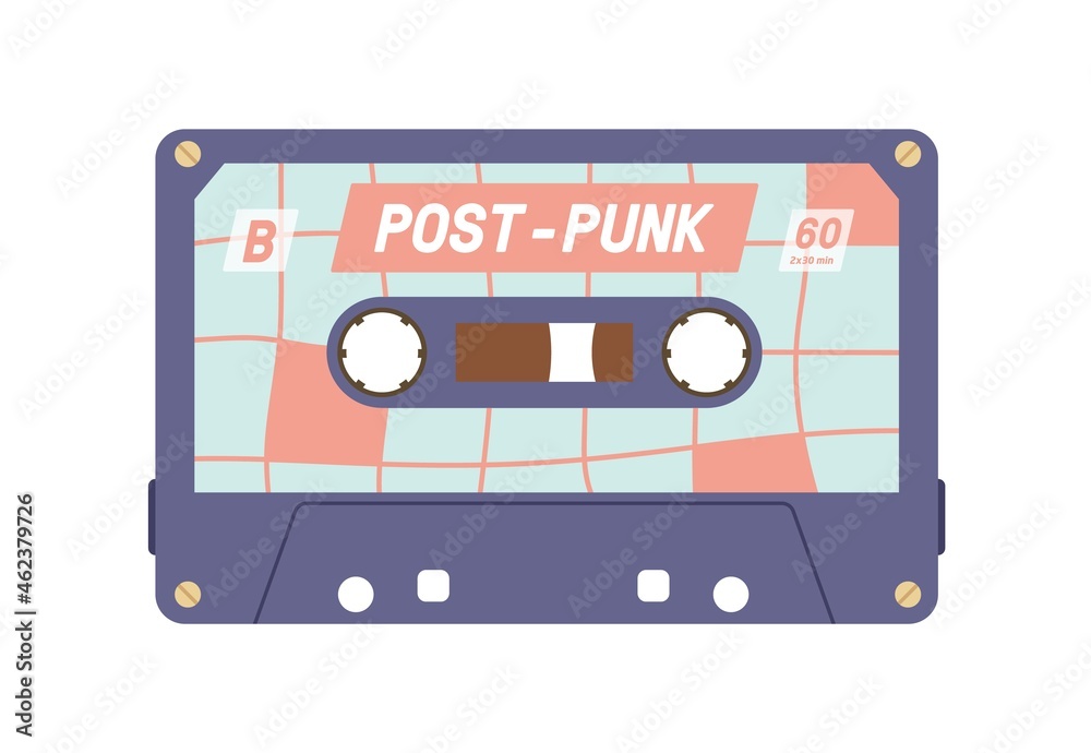 Poster audio cassette from 80s. retro tape records of 90s music. old analog casette. compact audiocassette 