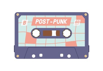 Audio cassette from 80s. Retro tape records of 90s music. Old analog casette. Compact audiocassette of 1980s and 1990s. Nostalgic object. Colored flat vector illustration isolated on white background