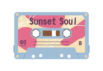 Audio stereo cassette with retro music records on magnetic tape. Old casette of 1980s. Analog obsolete mixtape. Colored flat vector illustration of audiocassette isolated on white background