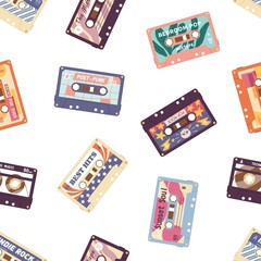 Retro cassette pattern. Seamless background with old audio stereo tapes with music records of 80s and 90s. Endless repeating magnetic casette texture. Colored flat vector illustration for printing