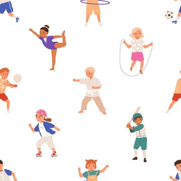 Seamless pattern with healthy sports activities for children. Endless repeating background with active boys and girls. Texture with different happy kids athletes. Colored flat vector illustration