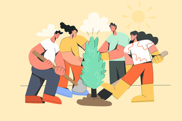Group of volunteers work together plant tree, save environment and planet. People involved in teamwork, strive for shared business success achievement. Eco friends concept. Flat vector illustration. 