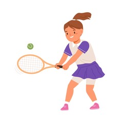 Obraz na płótnie Canvas Girl playing tennis, serving ball with racket. Happy kid in skirt training. Active child doing sports. Junior athlete exercising. Colored flat vector illustration isolated on white background